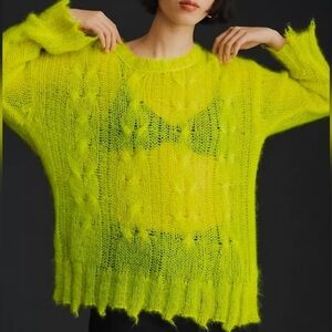 Anthropologie The Posey Stitchy Distressed Sweater in neon yellow size Small